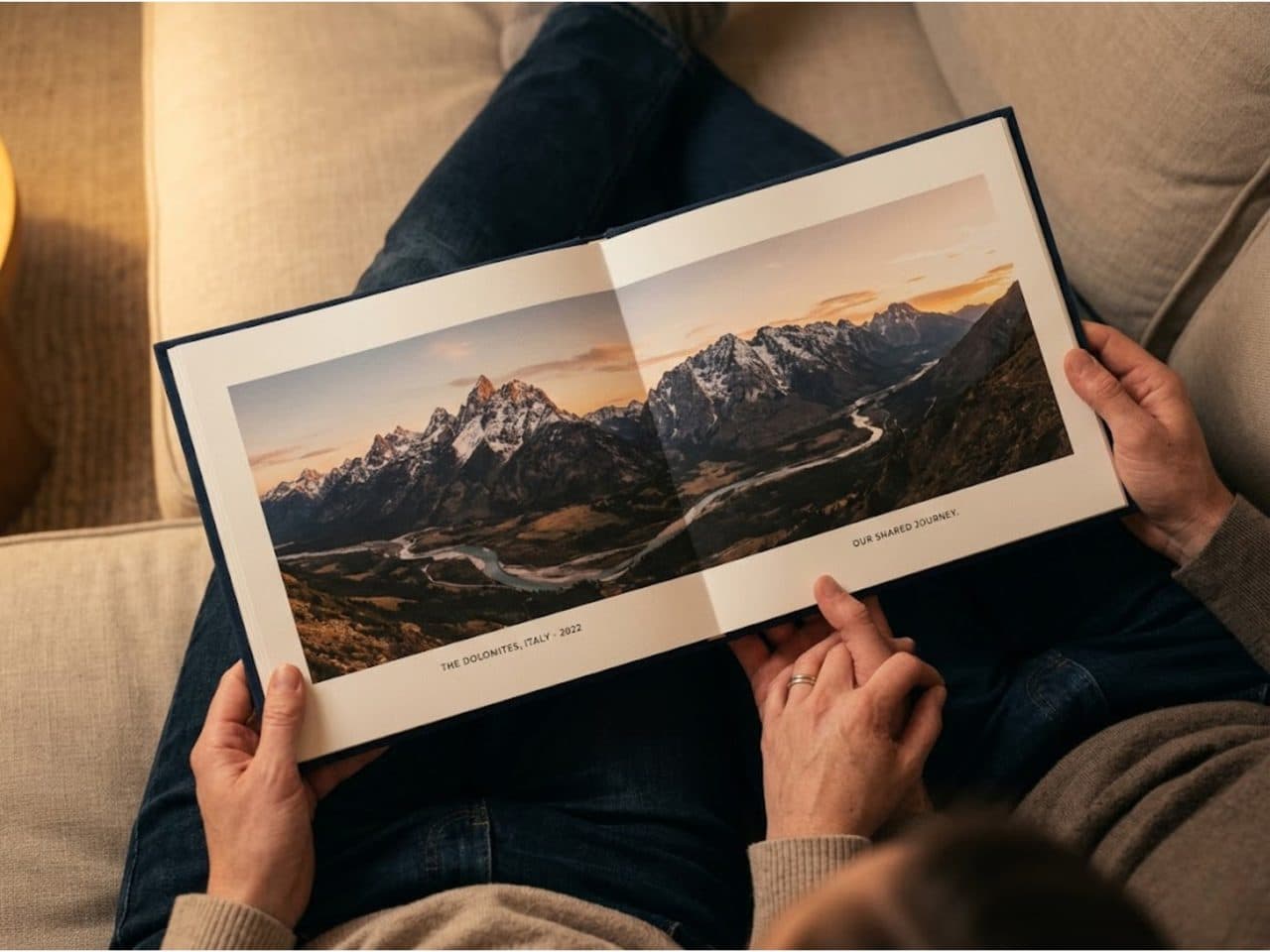 Couple holding open Trippal travel photo album — The Dolomites, Italy 2022