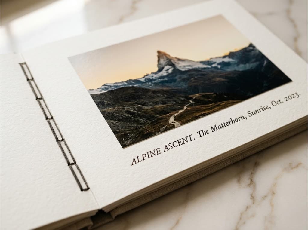 Trippal premium travel photo album open on a marble desk — Alpine Ascent, The Matterhorn