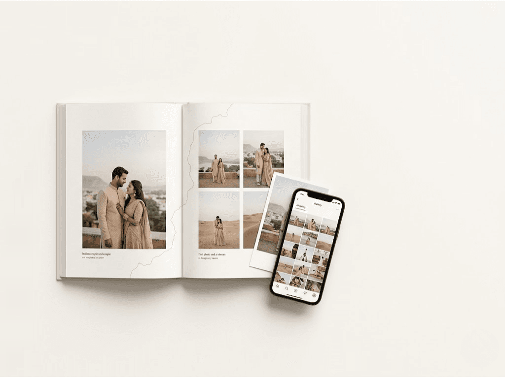 Designer arranging travel album pages