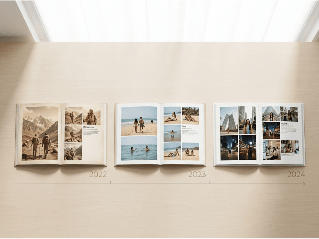 Travel photo album on a shelf