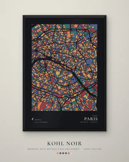 Paris city map in Kohl Noir
