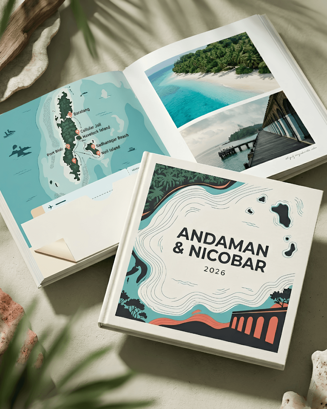 Open Trippal travel photo album on a wooden desk