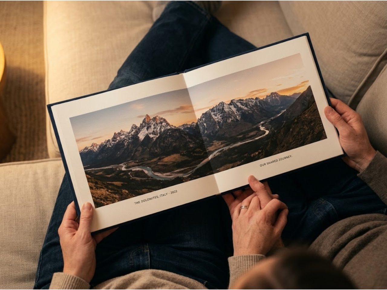 Couple holding open Trippal travel photo album — The Dolomites, Italy 2022